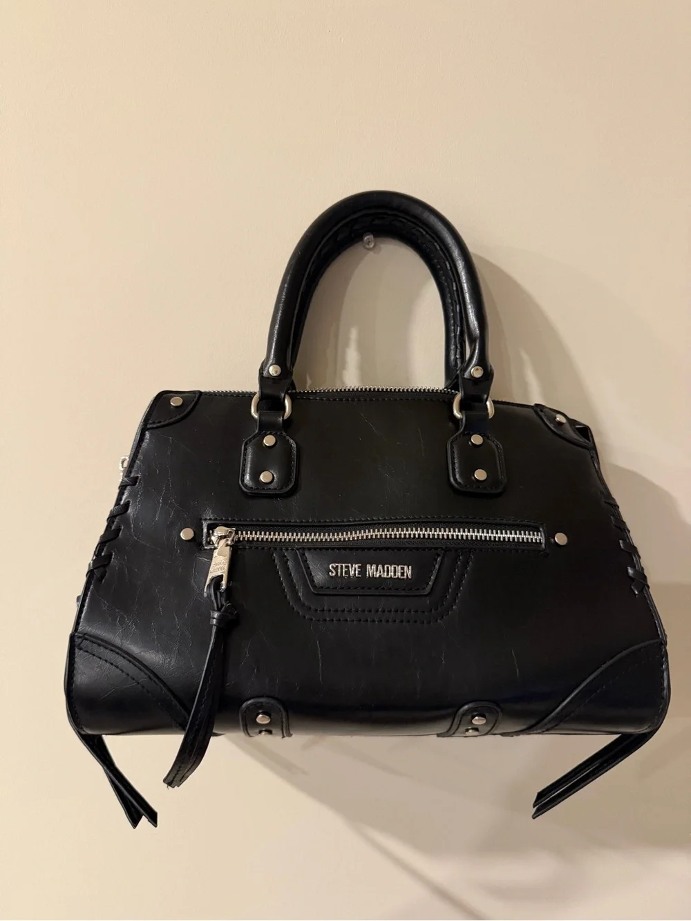 Steve Madden Black Leather Satchel with Silver Hardware